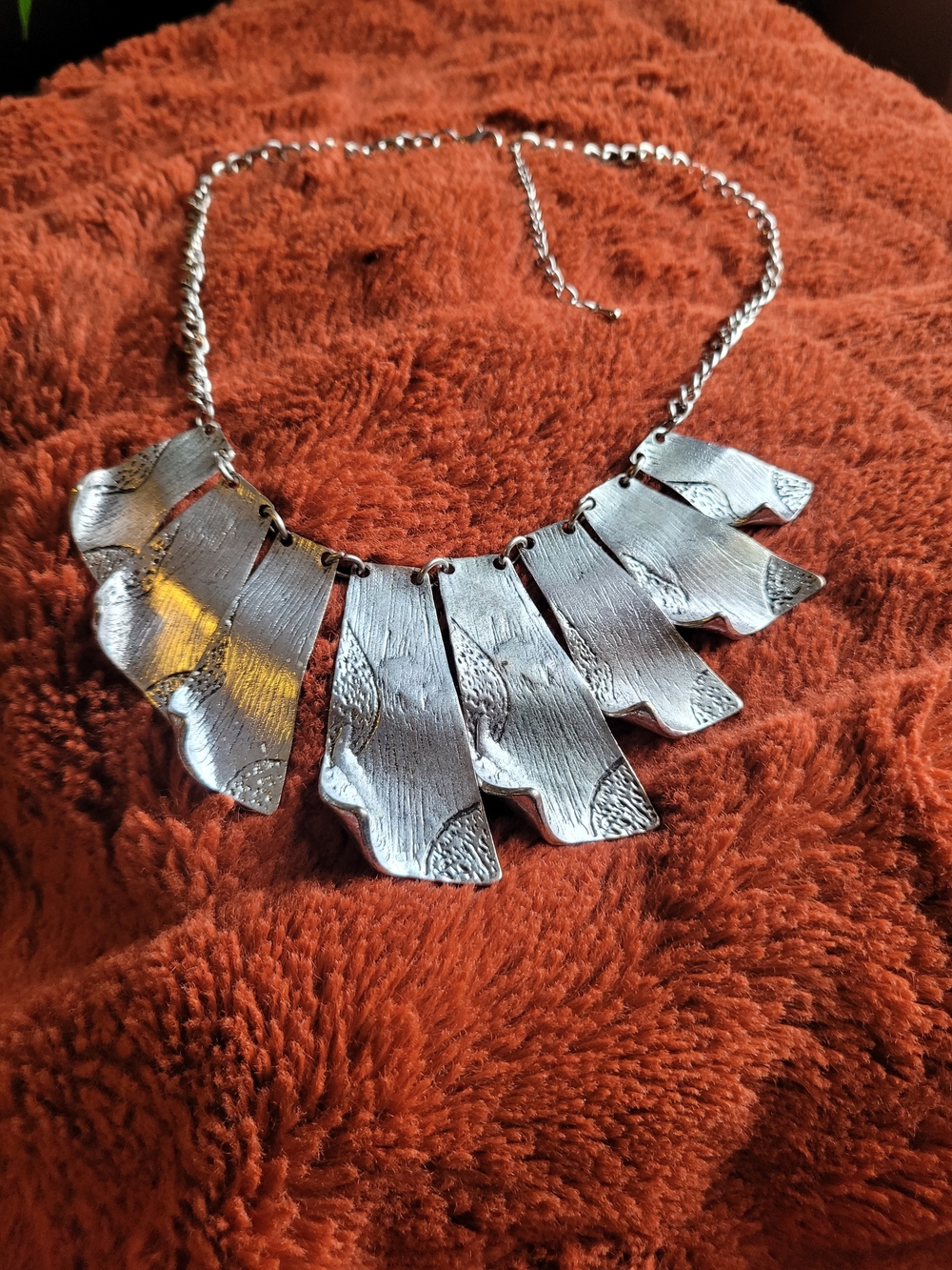Textured Silver Panel Statement Necklace - Boho Gypsy Hippie Chic Fun Jewelry